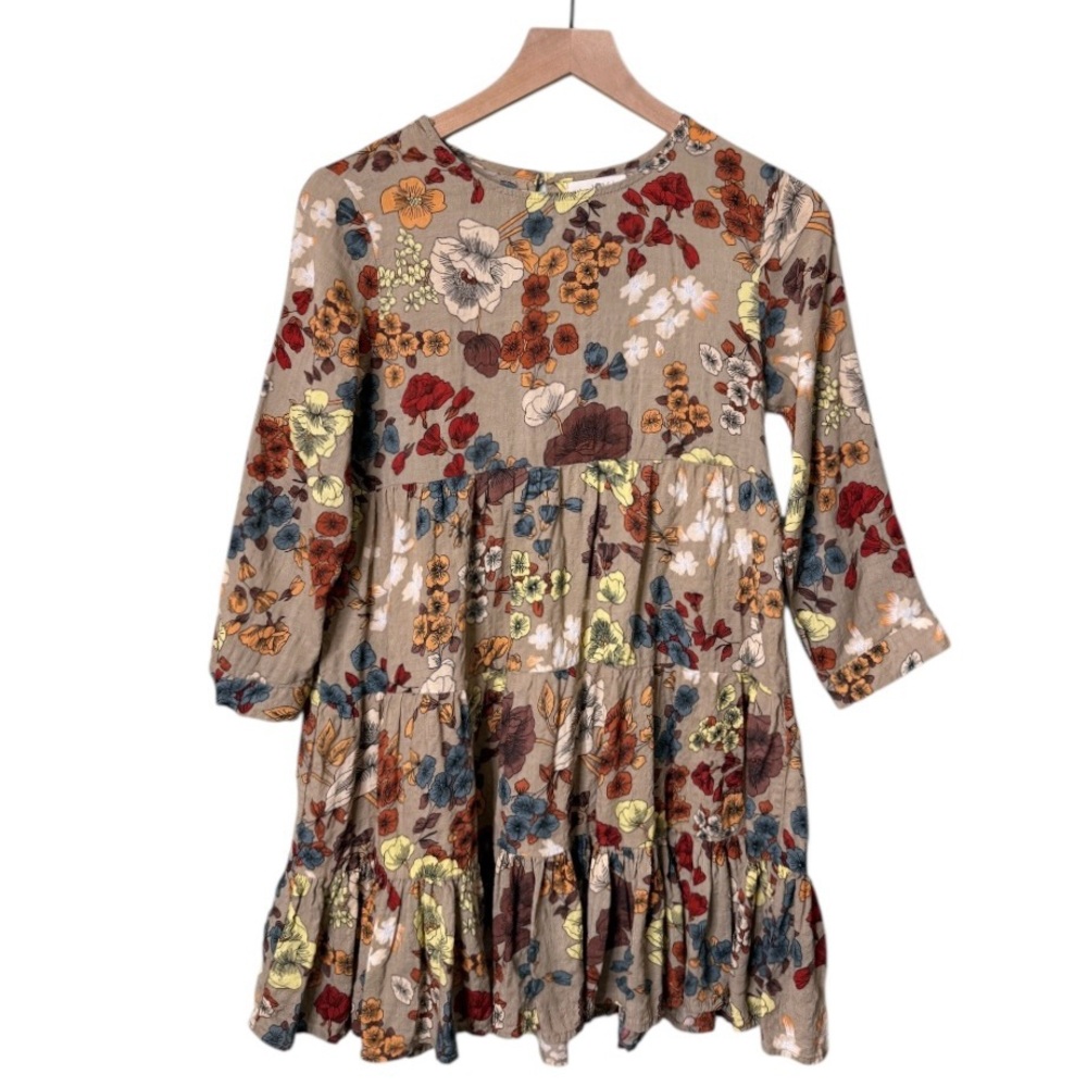 Natural Life Heidi Floral Tiered Ruffle Mini Dress Brown Tan Yellow Red Size XS